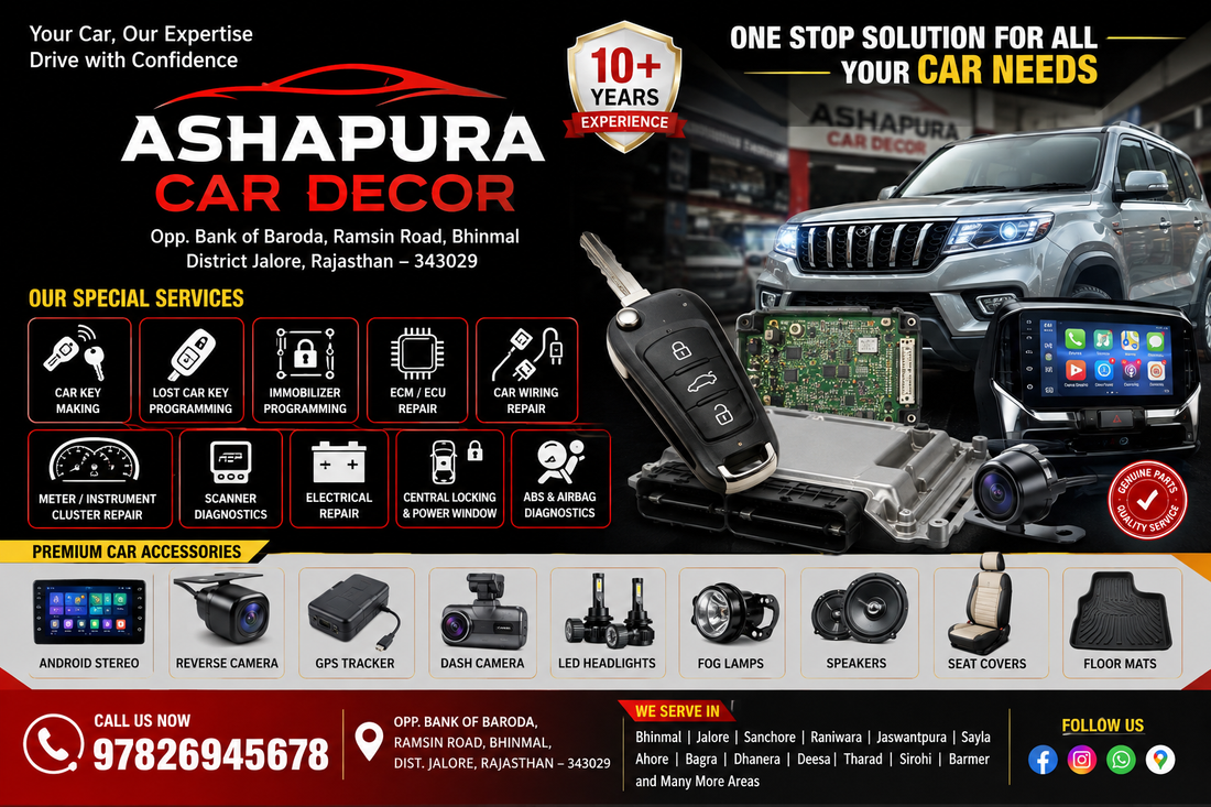 Ashapura Car Decor Bhinmal providing car key programming, lost car key making, ECM ECU repair, car wiring repair, scanner diagnostics, Android stereo installation, reverse camera fitting and genuine car accessories in Bhinmal Rajasthan.