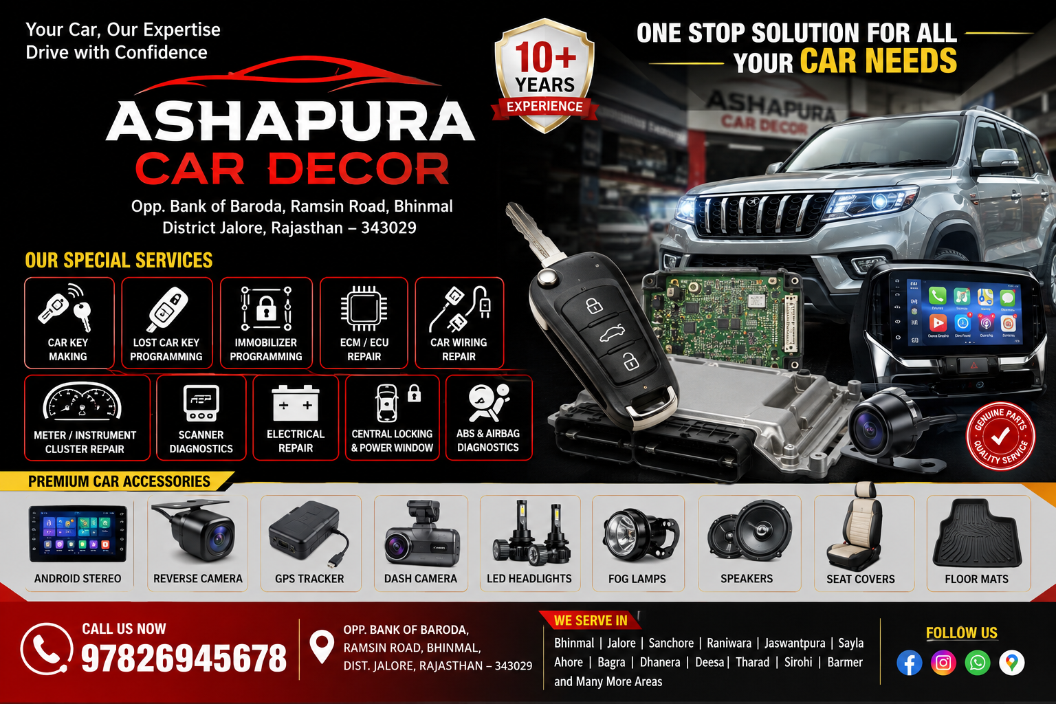 Ashapura Car Decor Bhinmal providing car key programming, lost car key making, ECM ECU repair, car wiring repair, scanner diagnostics, Android stereo installation, reverse camera fitting and genuine car accessories in Bhinmal Rajasthan.