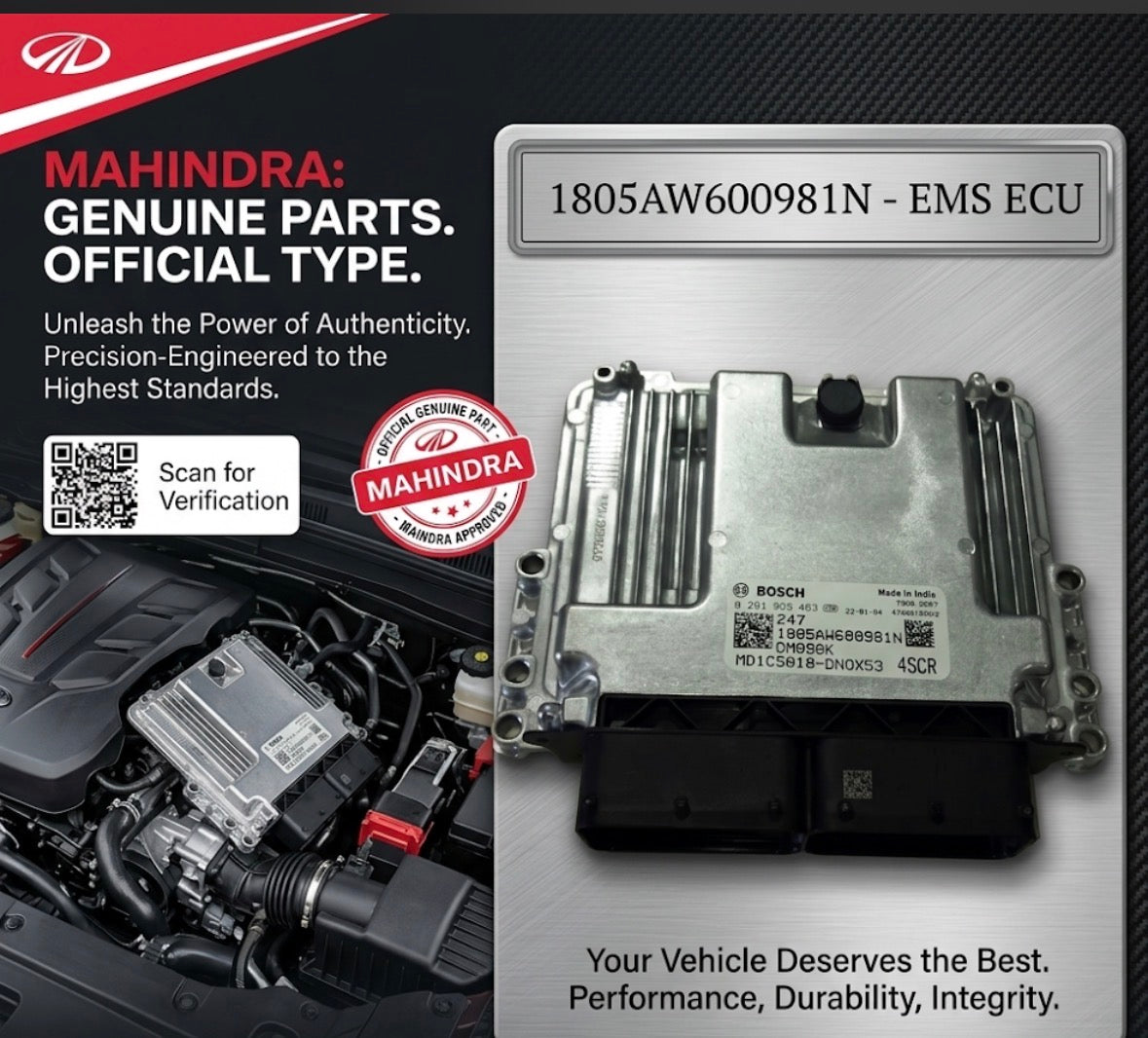 ECU FOR BS6 BOLERO/SCORPIO/THAR/MARAZZO/XUV500/XUV300/XUV700 ETC. (1805AW600981N)