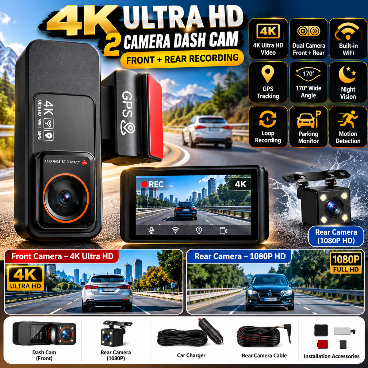Ultra 4K Dual Camera Car Dash Cam Front & Rear View Recorder