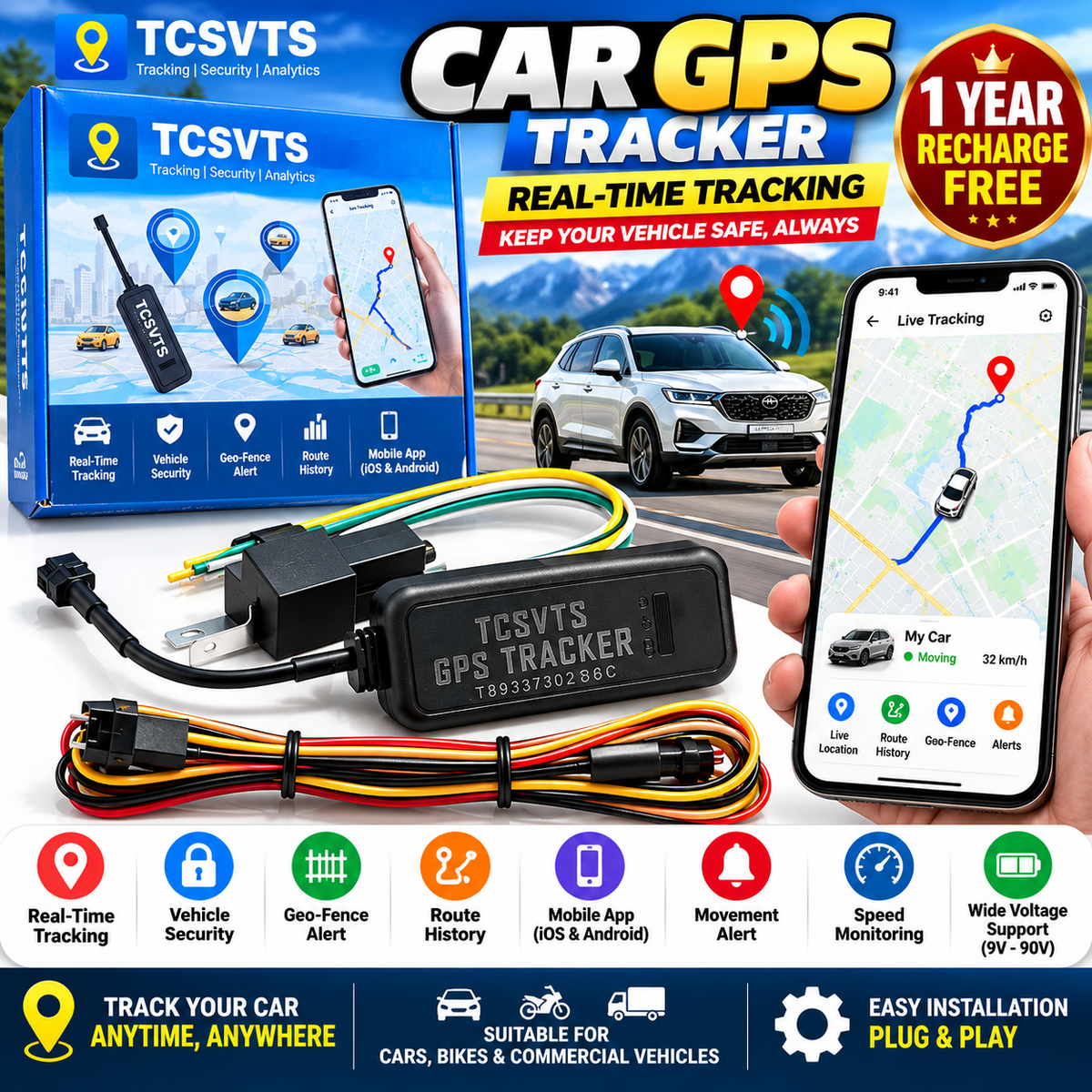 Car GPS Tracker with 1 Year Recharge & Free Activation Service